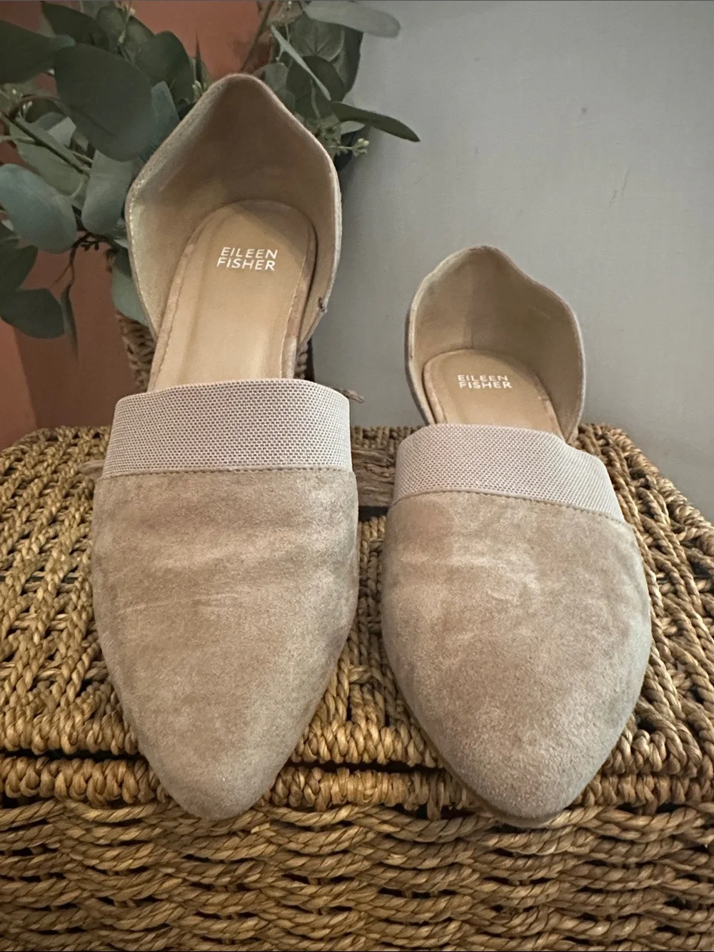 Eileen Fisher Hilly D’Orsay 7 tan suede mesh slip on 2” heel wedge shoes